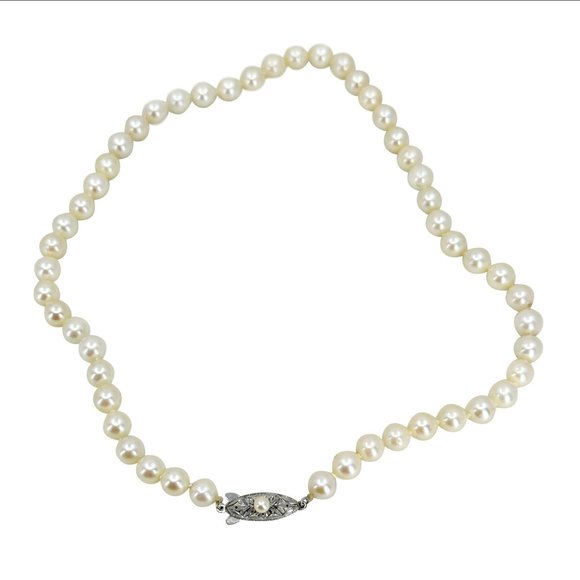 Engraved Japanese Cultured Saltwater Akoya Pearl Choker Necklace Sterling 15in